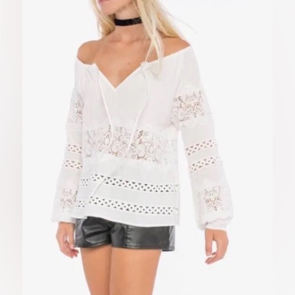 For Love and Lemons Boho Crochet Blouse Size M Embroidered Fabric